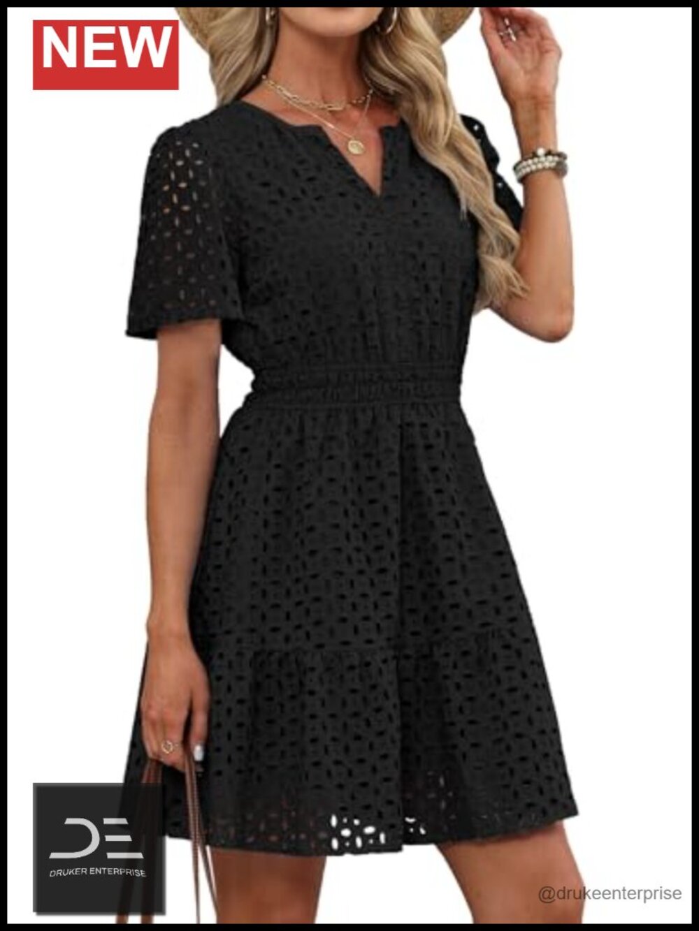 Eyelet Lace V-Neck A-Line Mini Dress Short Puff Sleeve Casual Summer